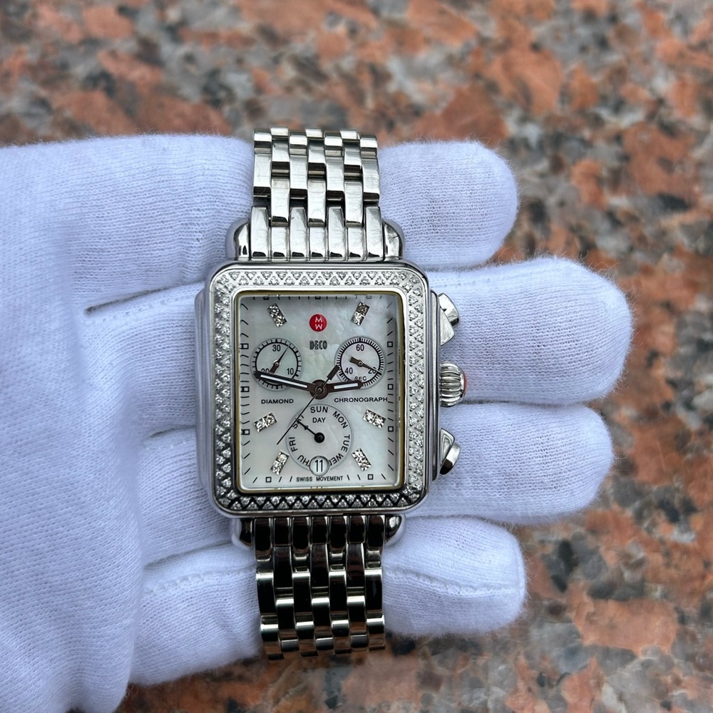 MICHELE DECO MOP DIAMOND DIAL AND BEZEL CHRONOGRAPH LADIES WATCH - Picture 10 of 15